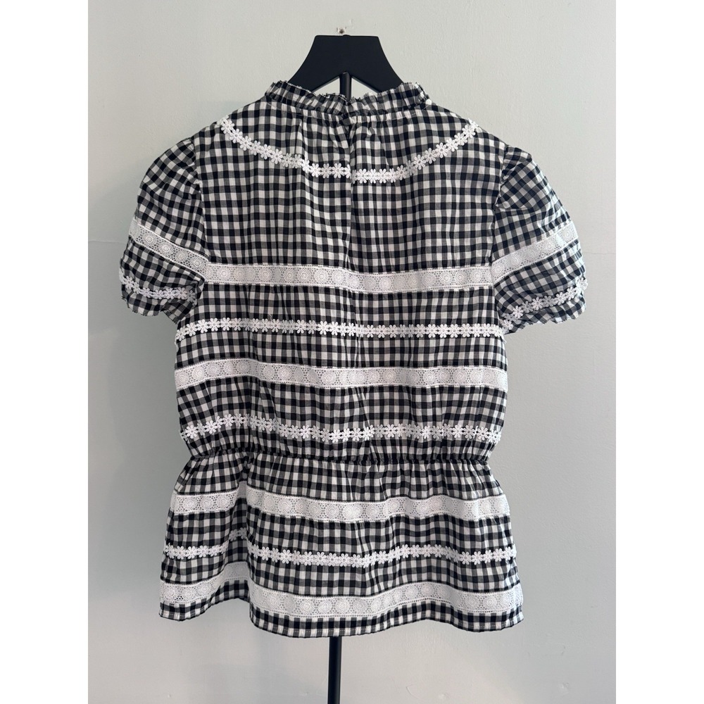 J.Crew Gingham Lace Trim Peasant Blouse XS Cottagecore Puff Sleeve Cotton Top - Picture 3 of 7